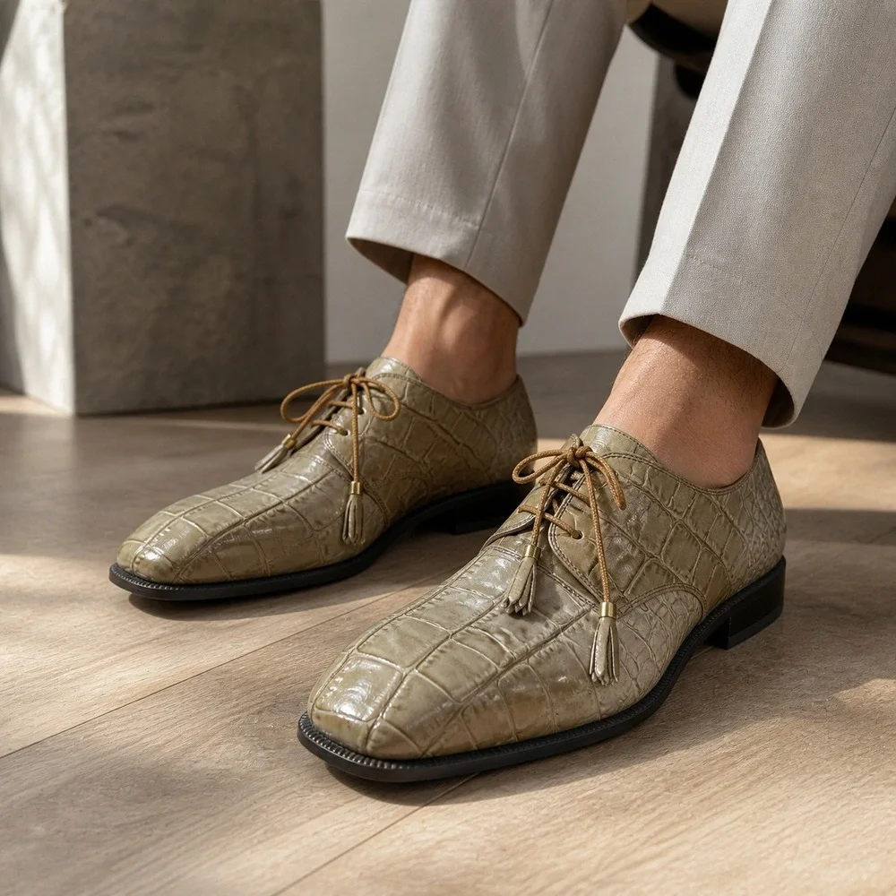 Marco Vicci Mens Tan Cream Croc‎ Embossed Leather Ombre Square Toe Shoes 10.5